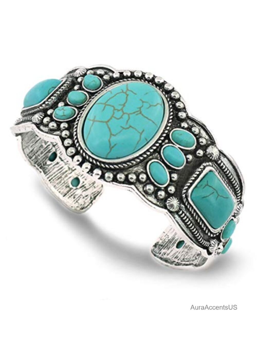 Retro Ethnic Heart Compressed Turquoise Cuff Bangle Fashion Bracelet